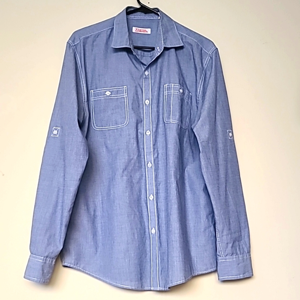 Michael Brandon Button Up Shirt Mens Blue Long Sleeve Casual 2 Pockets Size L